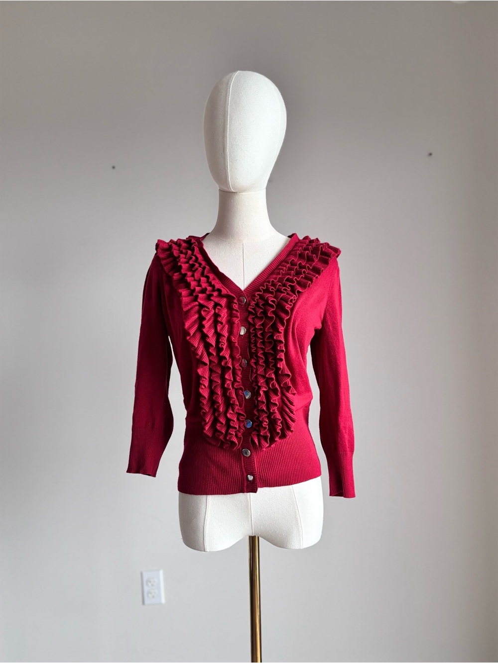 Alfani Ruffled V-Neck Cardigan Sweater - Deep Red